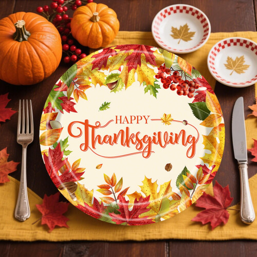 Thanksgiving Paper Plates 9 Inch Maple Leaf Design Fall Party Disposable Dinnerware Set 24 Pack 2