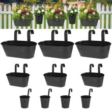10 Pcs Black Metal Hanging Flower Pots with Hooks and Drainage Holes for Balcony Railing Outdoor Use