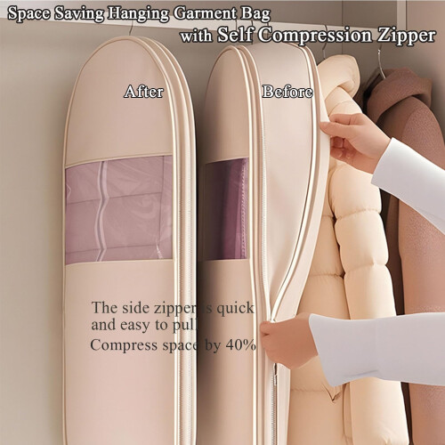 Space Saving Hanging Garment Bag with Self‑Compression Zipper for Coats and Down Jackets Pink M 1