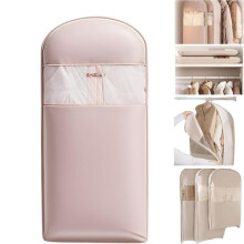 Space Saving Hanging Garment Bag with Self‑Compression Zipper for Coats and Down Jackets Pink M