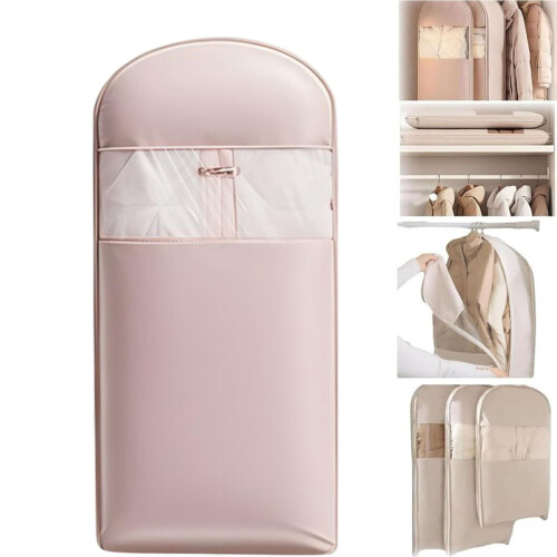 Space Saving Hanging Garment Bag with Self‑Compression Zipper for Coats and Down Jackets Pink M
