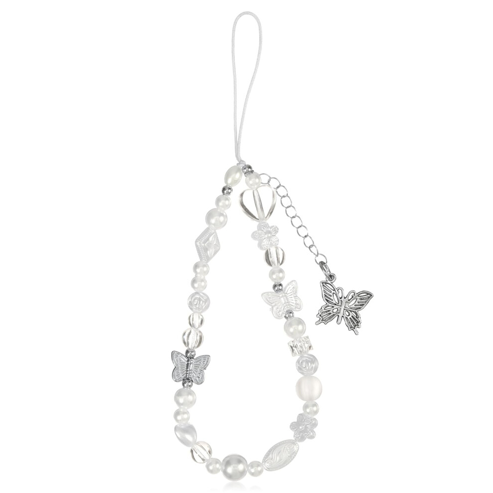 Butterfly Phone Charm Strap With Pearls, Elegant Wrist Strap For Phone And Camera, Secure Grip Silver 9330225443537