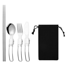 Stainless Steel Camping Tableware Set of 4, Lightweight Folding Outdoor Cutlery with Storage Bag