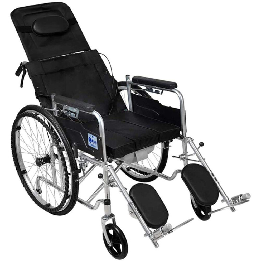 Black Foldable Reclining Wheelchair With Commode, Fulllying Comfort And Detachable Pillow For Elderly