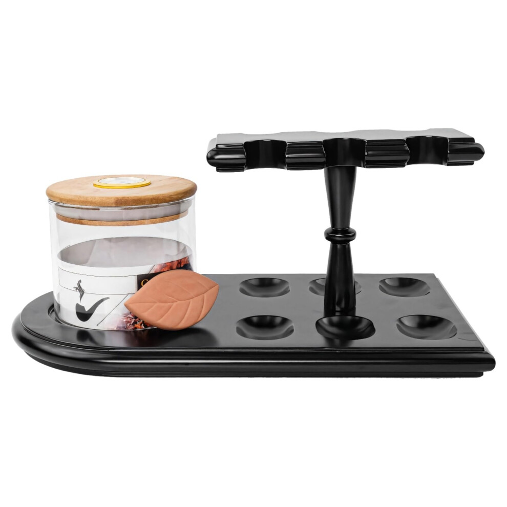 Wooden Tobacco Pipe Stand with Glass Humidor Jar, 6 Pipe Holder Rack Black Solid Wood Finish