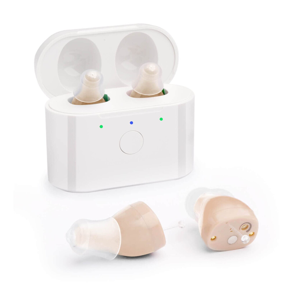 Beige Rechargeable Hearing Amplifier For Seniors Adults With Noise Cancelling, Magnetic Charging Case,