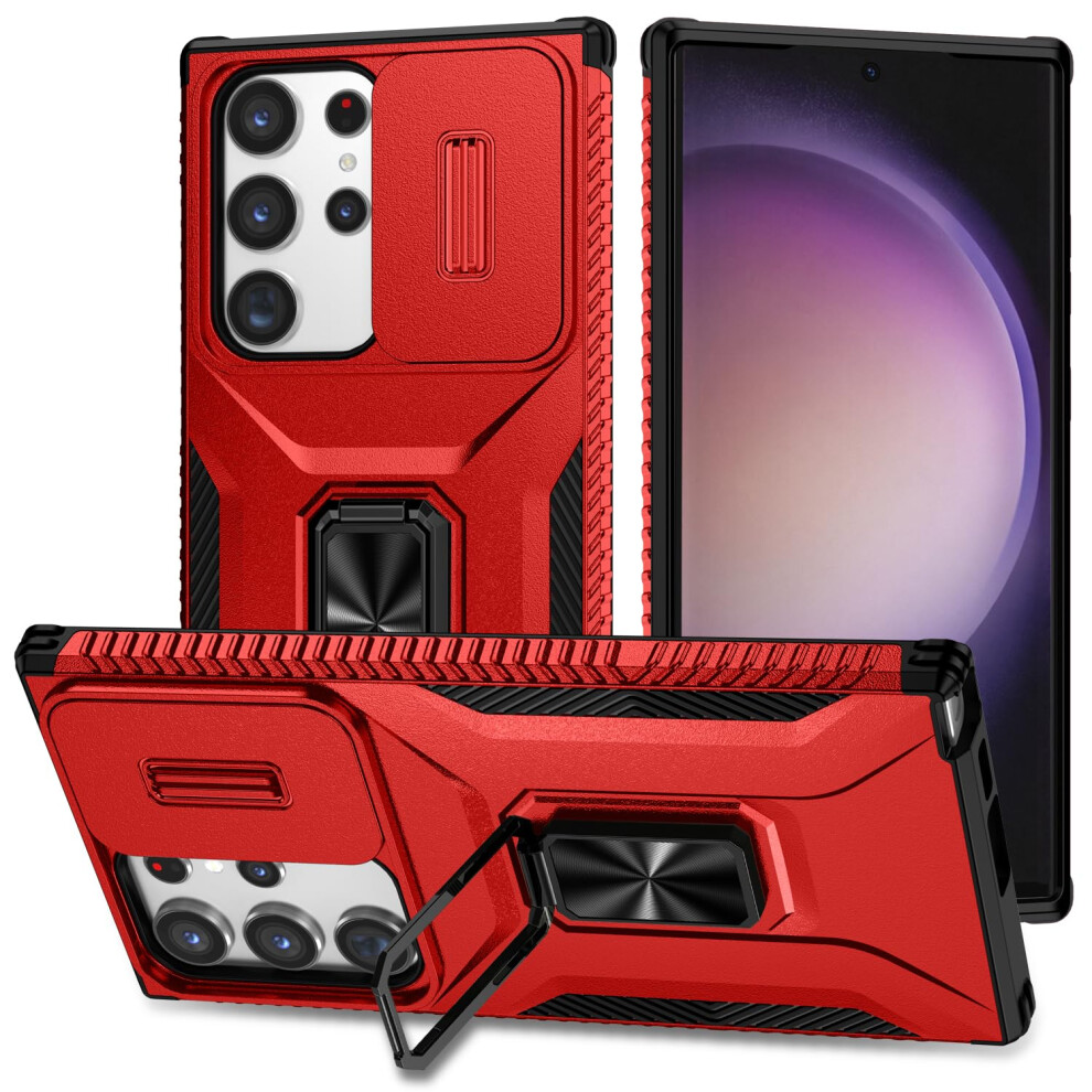 Case For Samsung Galaxy S24 Ultra Shockproof Bumper With Slide Lens Cover And Magnetic Ring Kickstand Red 9351714590914