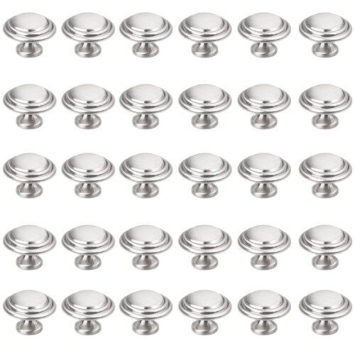 Brushed Nickel Cabinet Knobs 30 Pack, Modern Round Stepped Drawer Knobs for Kitchen Dresser