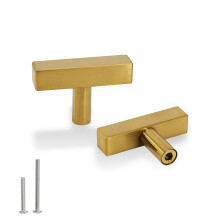 Gold Cabinet Handles and Drawer Pulls, 5 Pack Stainless Steel Square T Bar, Single Hole Gold Finish Design