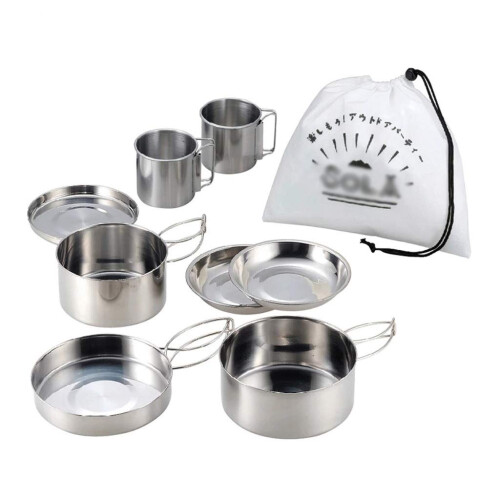 8pcs Camping Cookware Set Stainless Steel Pots with Compact Nesting Design and Foldable Handles