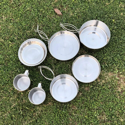 8pcs Camping Cookware Set Stainless Steel Pots with Compact Nesting Design and Foldable Handles 1