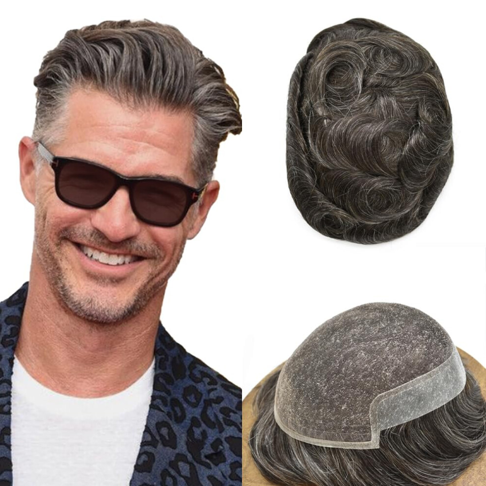 Unisex Brown,Grey Men's Toupee 7X9 French Lace Human Hair Hairpiece Darkest Brown 20% Grey Natural Hairline