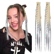 Clip in Braid Hair Extensions for Women 16 Inch Boho Dreadlock Style with Beads and Charms Light Blonde to Grey