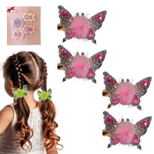 Sparkly Butterfly Hair Clips for Girls Kids, Rhinestone Metal Hairpin Set with Plush Pink Design (4 Pack)