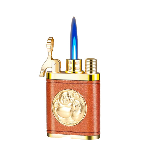 Windproof Jet Flame Lighter Vintage Leather Refillable Butane Torch with OneTouch Ignition Orange