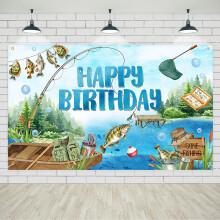 Fishing Birthday Banner 6x3.6ft Gone Fishing Party Decorations, Large Polyester Backdrop for Kids and Men