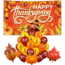 Extra Large Thanksgiving Banner and Balloons Set 34pcs, Reusable Fabric Backdrop 72x44inch for Fall Party Décor