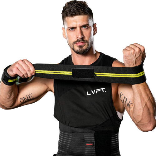 Adjustable Wrist Wraps for Weightlifting with Ergonomic Support and Thumb Loop, Black and Yellow Pair