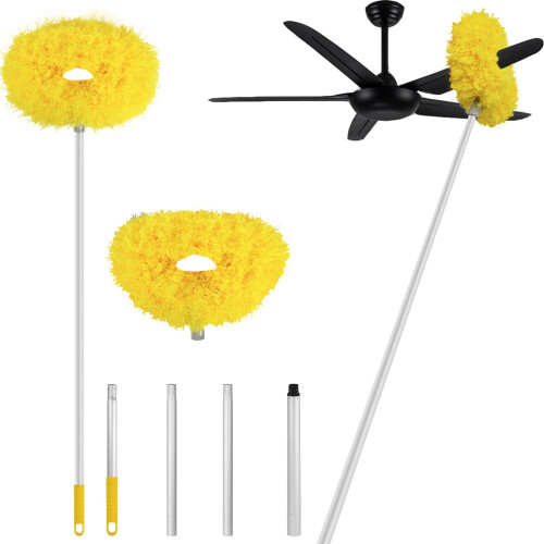 Blue Ceiling Fan Duster with Extendable Pole, DoubleSided Microfiber Blade Cleaner, Washable and Reusable