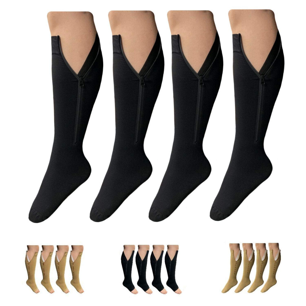 Black 2030 Mmhg Zipper Compression Socks Closed Toe For Large Legs 4XLarge 2 Pairs