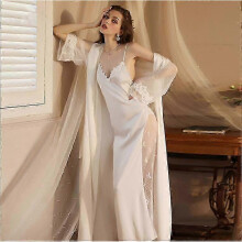 (Robe With strap, L) Soft Silk Kimono Robe Dressing Gown Sexy Lace Nightgown Sleepwear White -CHAN