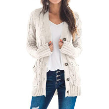 (L, Beige) Women's Long Sleeve Cable Knit Cardigan with Pocket Casual Coat Solid Color