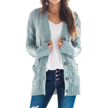 (2XL, Green) Women's Long Sleeve Cable Knit Cardigan with Pocket Casual Coat Solid Color