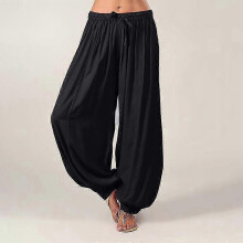(M, black) Plus Size Women Harem Pants Casual Long Pant Solid Color Loose Baggy Yoga Pants Ladies Women Leisure Cotton Linen Trousers