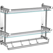 Bathroom Glass Shelf No Drilling Aluminum Shower Caddy with Towel Bar Hooks, Adhesive Organizer 50 x 37 x 15 cm