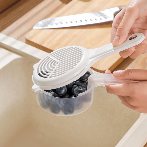 Fruit Strainer Bowl and Vegetable Colander with Handle, Fast Drain Design, Mesh Lid, MultiFruit Use 1