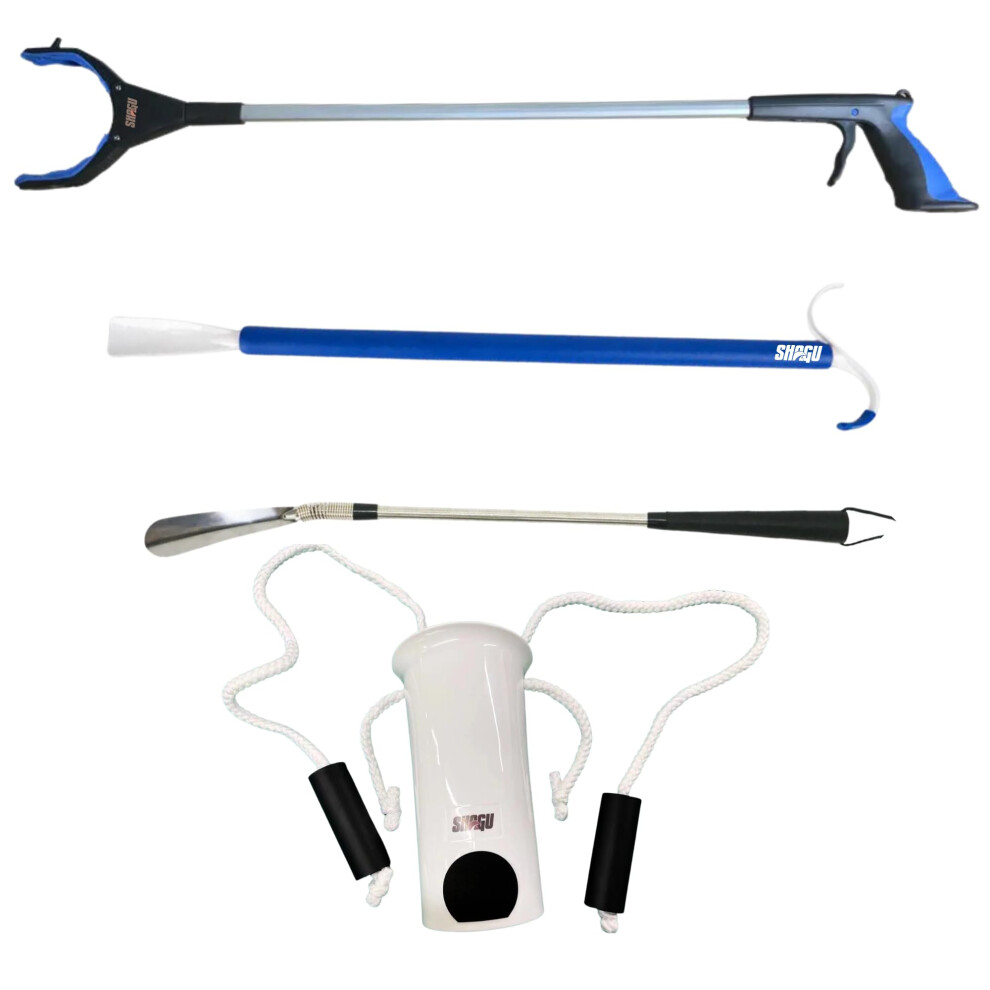 Mobility Aid Bundle with Reacher Grabber Tool, Long Handled Shoe Horn and Sock Aid Set for Seniors