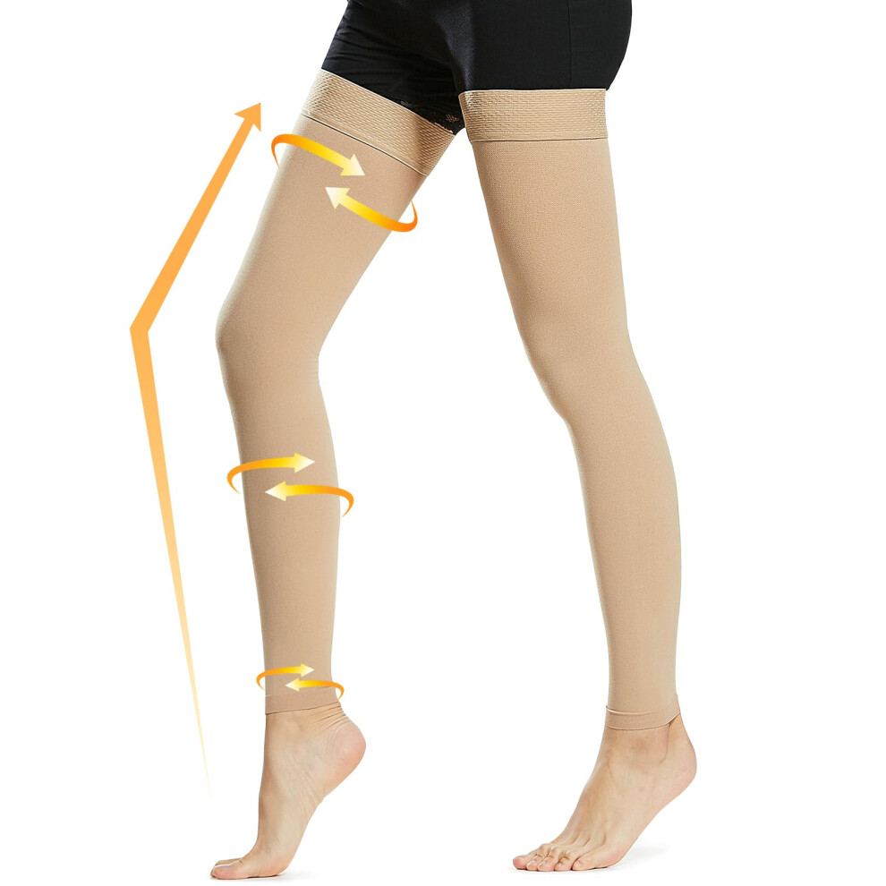 pair of medical footless thigh-high high-elasticity graduated compression stockings for varicose veins and edema, with a pressure range of 15-20 mmHg