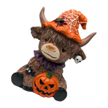 Festives High Land Cow Holding Skull Pumpkin-Pumpkin style