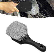 Car Wheel Cleaning Brush with Short Handle, ScratchSafe Soft Bristles, for Tires and Rims (Gray)