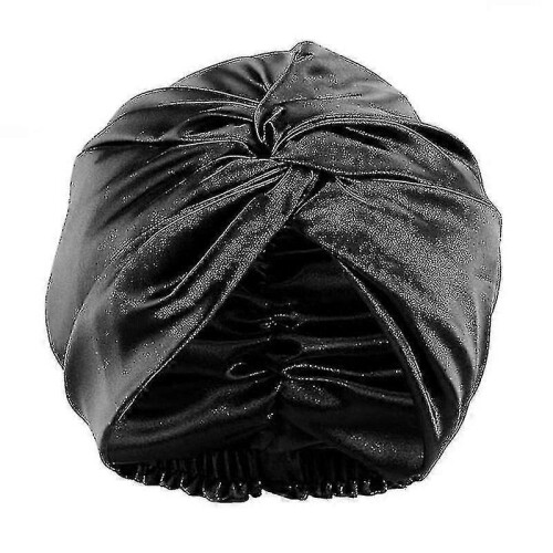(Black) Double Layer Mulberry Silk Sleeping Cap Night Silk Sleep Cap For Women