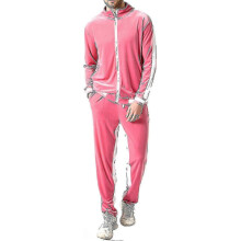(L, Pink) Men's Velvet Sweatsuit Set, Casual Jacket Pants Tracksuit Set