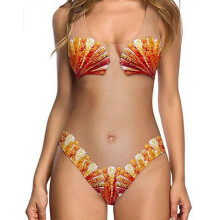 (S, Orange) Womens sexy One Piece 3D Fake Bikini Print Funny Swimsuits Bathing Suit Swimwear Beachwear
