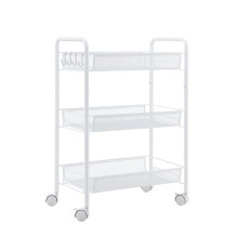 White Folding Rolling Storage Cart with Wheels, Carbon Steel Frame, Adjustable Shelves for Home