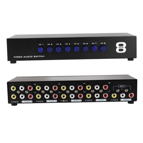 8 Input 1 Output AV Switcher Box with Stereo Audio Sync, Manual Control for CCTV and TV