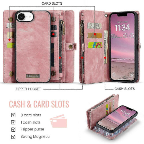 (For iPhone 16e, Pink) CaseMe 008 Detachable Multifunctional Leather Phone Case 1
