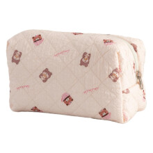 Cute Quilted Cotton Pencil Case with Bow, Bear Print Makeup Pouch for Travel Toiletry Storage
