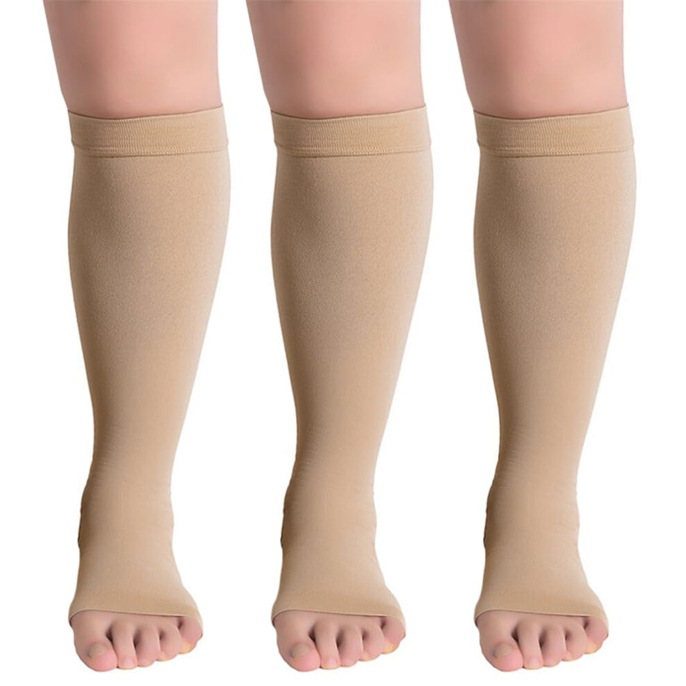 Beige 3 Pairs Open Toe Compression Socks 2030Mmhg Wide Calf Plus Size Graduated Support For Men And Women