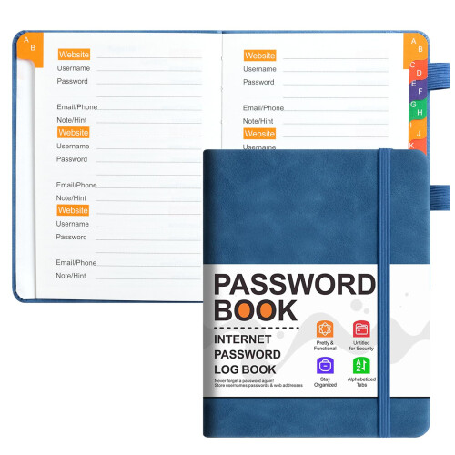 Password Book with Alphabetical Tabs, PU Leather Internet Password Organizer, Pocket Size Blue Notebook