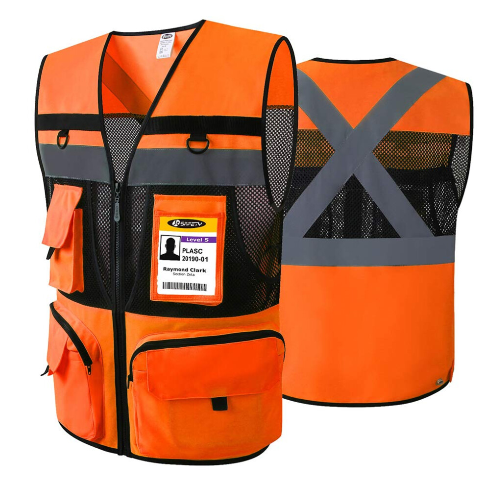 Reflective Safety Vest Orange Black Class 2 Visibility Work Vest With 10 Pockets Breathable Mesh 9073542126683