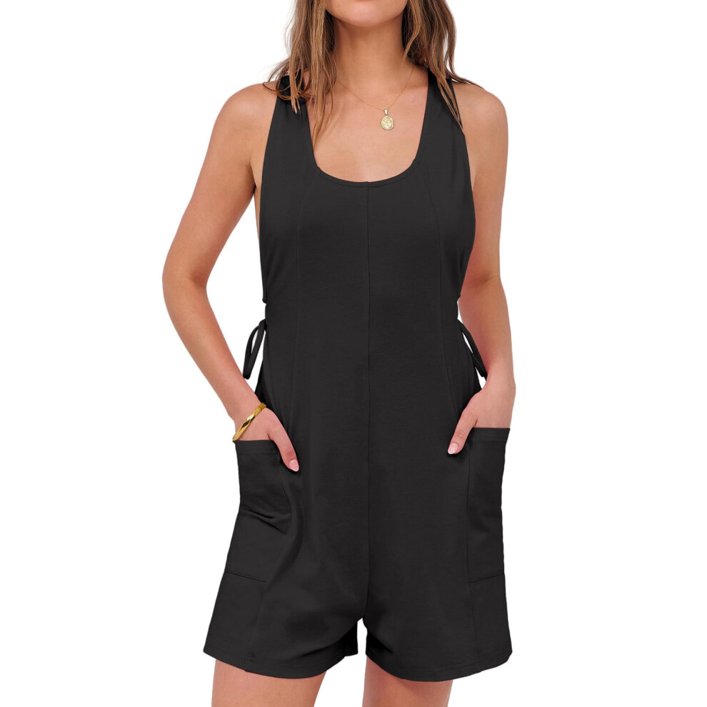 Black Womens Rompers Casual Loose Sleeveless Overalls Shorts- M