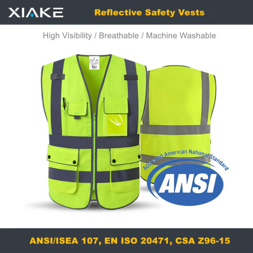 Class 2 Safety Vest  Visibility Reflective Work Vest with 8 Pockets Zipper Front Yellow Large 1