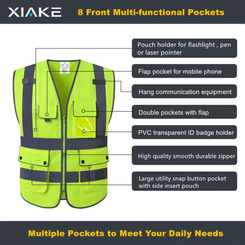 Class 2 Safety Vest  Visibility Reflective Work Vest with 8 Pockets Zipper Front Yellow Large 2