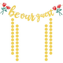 Be Our Guest Glitter Banner with Rose Design, Princess Party Decorations, Prestrung Reusable 3M Garland Backdrop