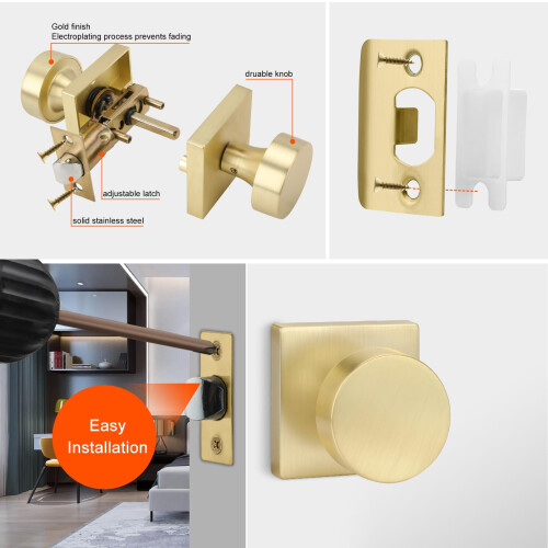 Brushed Gold Door Knobs 2 Pack, Keyless Interior Knobs for Bedroom and Bathroom, Heavy Duty Zinc Alloy 2