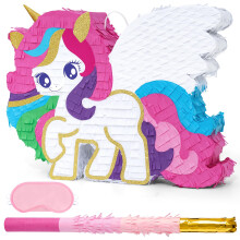 Unicorn Pinata for Girls Birthday Party, Vibrant Unicorn Theme with Bat and Blindfold, Durable Design